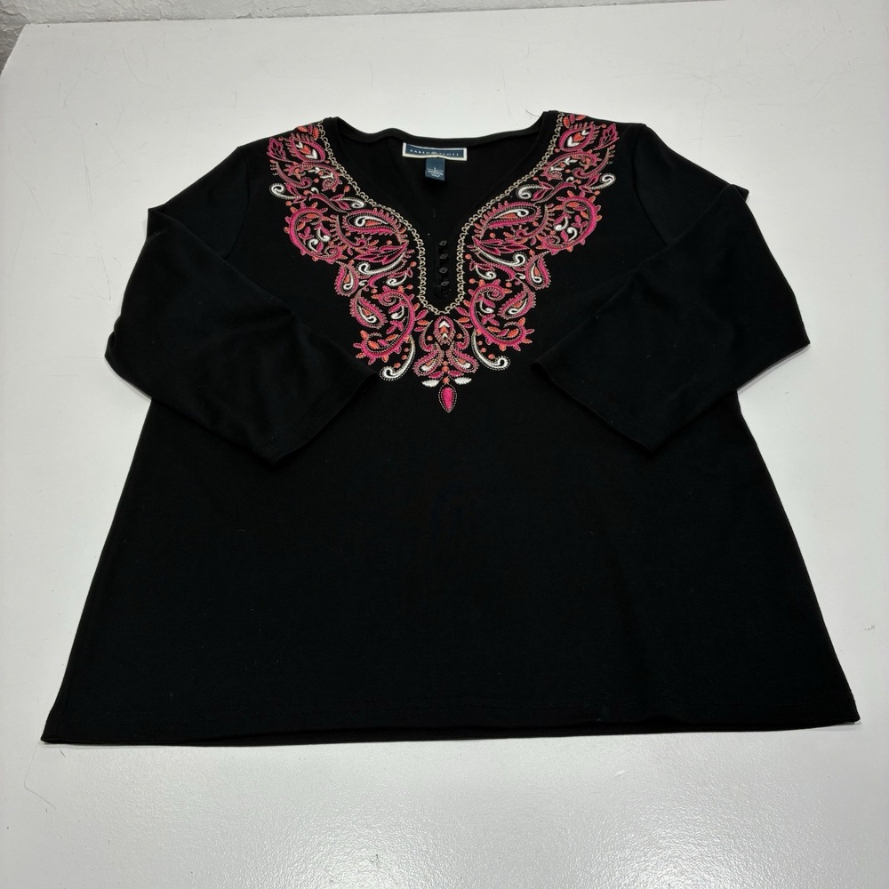 Karen Scott Women Floral Embroidered 3/4 Sleeve Henley‎ T-Shirt Multicolor Large